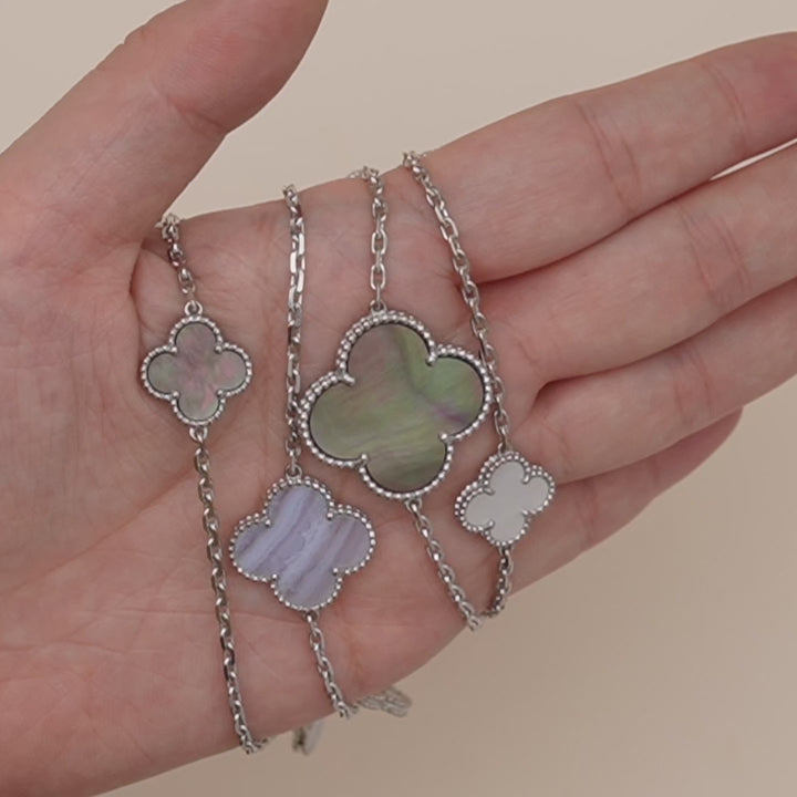 Second Hand Authentic Full set Van Cleef & Arpels Magic Alhambra 16 Motif Necklace in Chalcedony and Mother of Pearl