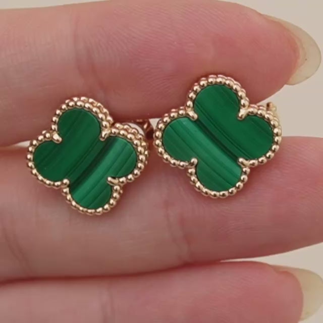 Second Hand Authentic Van Cleef & Arpels Vintage Alhambra Malachite Earrings 18K Yellow Gold