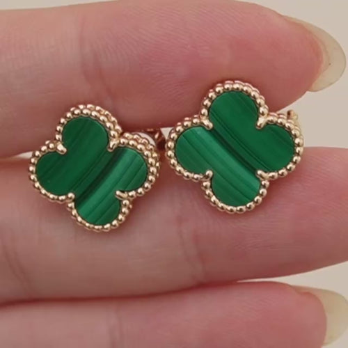 Second Hand Authentic Van Cleef & Arpels Vintage Alhambra Malachite Earrings 18K Yellow Gold