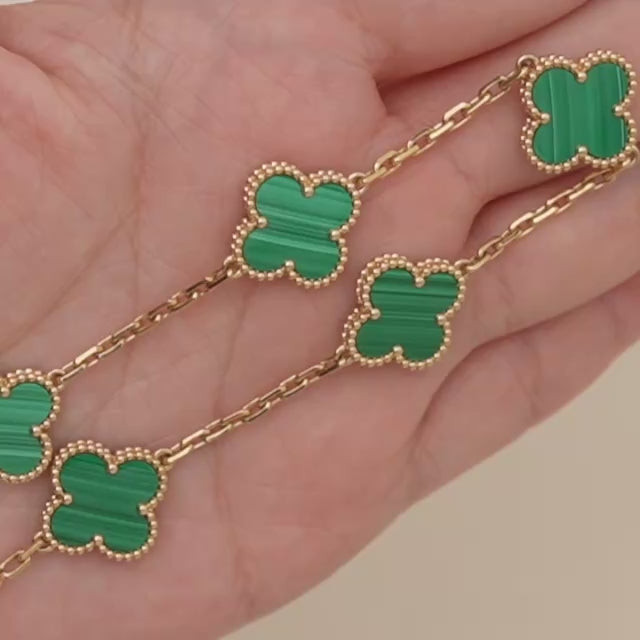 Van Cleef & Arpels Vintage Alhambra 5 Motif Malachite Bracelet 18K Yellow Gold