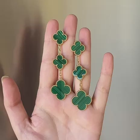 Van Cleef & Arpels Magic Alhambra Three Motifs Malachite Yellow Gold Earrings