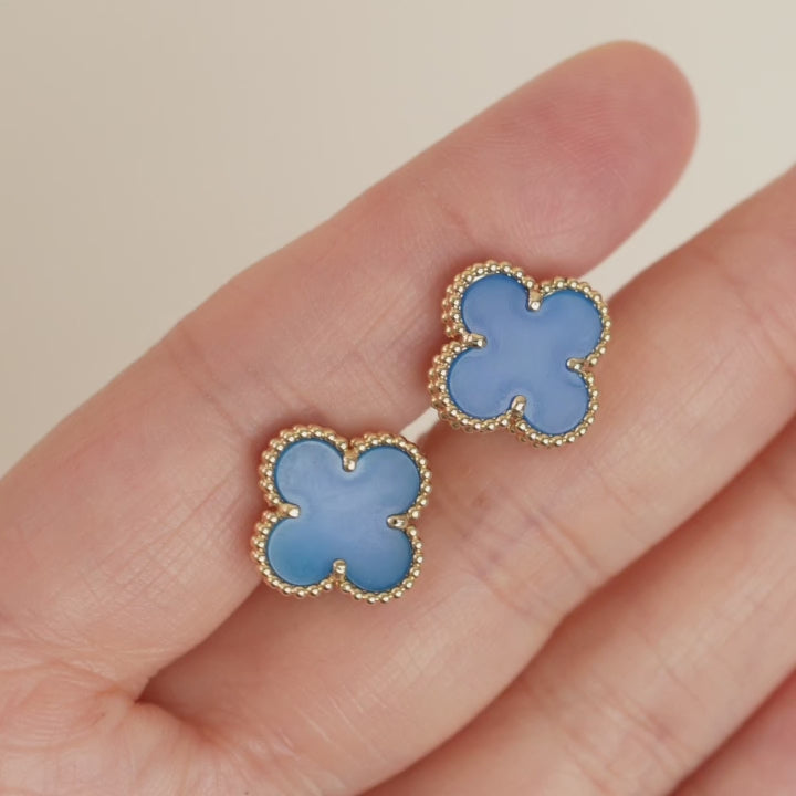 Second Hand VCA Vintage Alhambra Blue Agate 18K Yellow Gold Earrings
