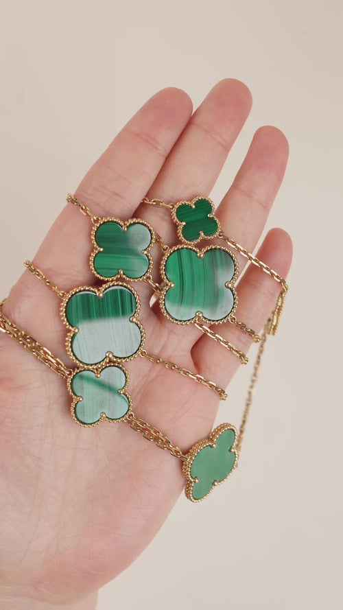 Preowned Authentic VCA Magic Alhambra Malachite 16 Motifs Necklace 18K Yellow Gold