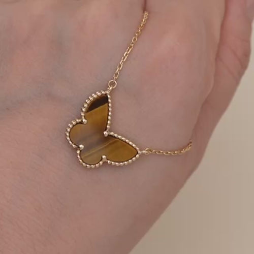 Authentic VCA Lucky Alhambra Butterfly Tiger Eye Pendant Necklace