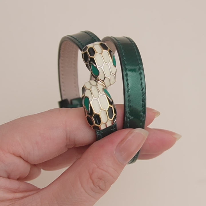 Preloved Bvlgari Serpenti Forever Metallic Enamel Green Leather Bracelet Size M