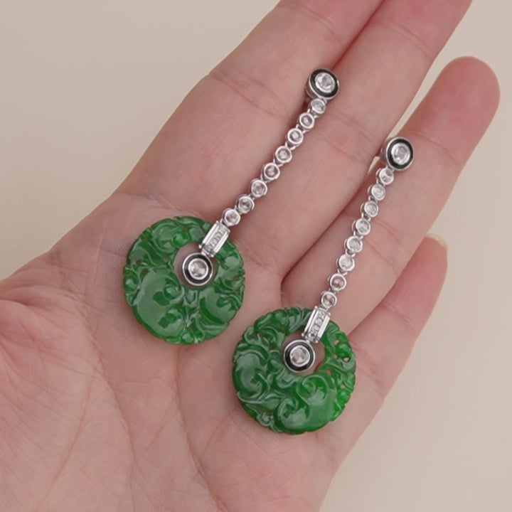 Preloved Carved Jadeite Diamond Onyx 18K White Gold Drop Earrings