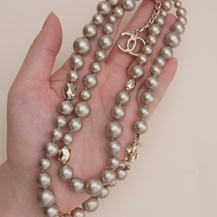 Chanel CC Collection Faux Grey Pearl Gold Tone Necklace