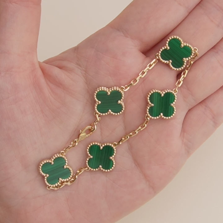 Used VCA Vintage Alhambra 5 Motif Malachite 18K Yellow Gold Bracelet