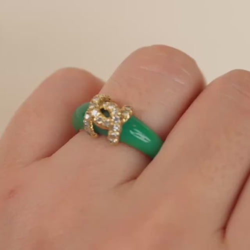 Second Hand Authentic Cartier C de Cartier Ring Diamond Green Chalcedony 18K Yellow Gold Size 52