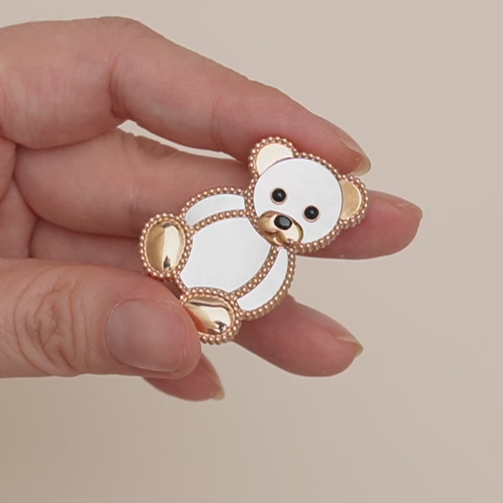 Preloved Van Cleef & Arpels Lucky Animals Teddy Bear Clip Mother of Pearl Onyx 18K Rose Gold