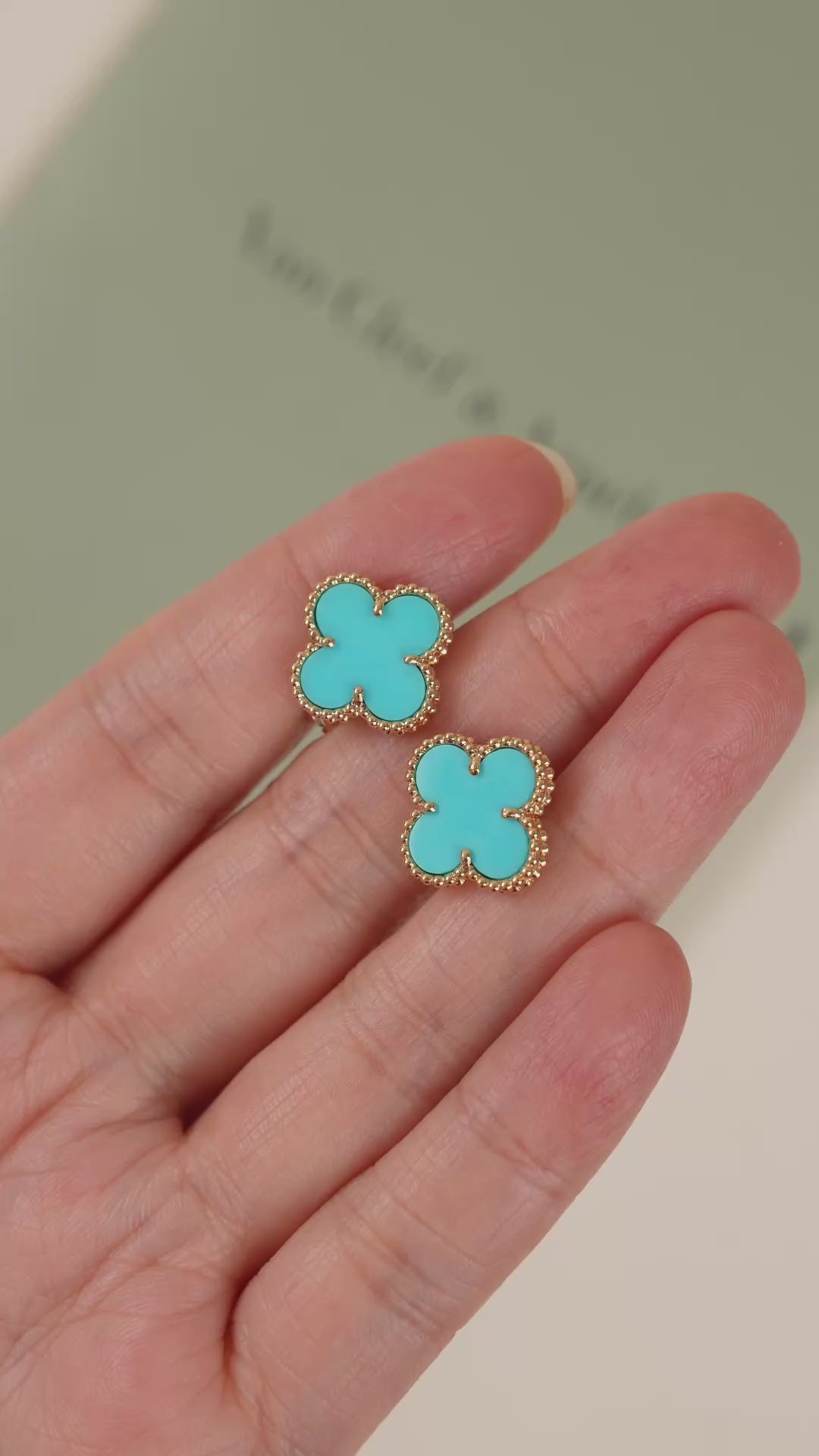 Preowned Van Cleef Alhambra Turquoise Yellow Gold Earrings