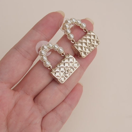 Second Hand Chanel Faux Pearl Quilted Classic Flap Bag Gold Tone Earrings