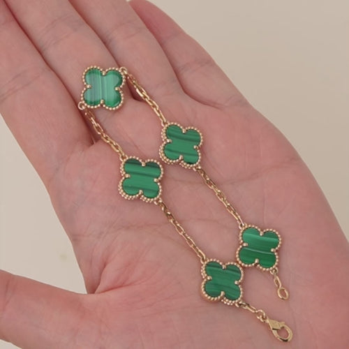 Preloved VCA Vintage Alhambra 5 Motif Malachite Bracelet 18K Yellow Gold