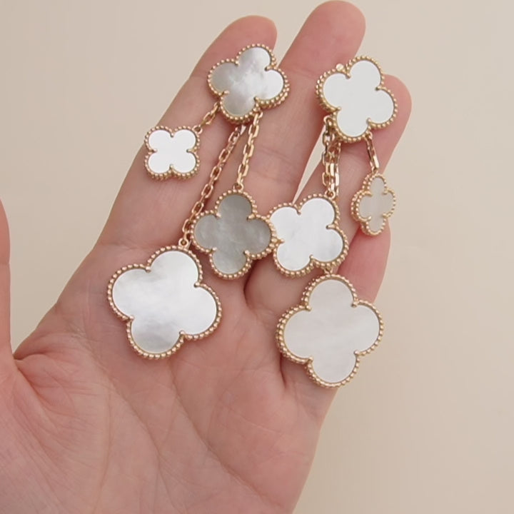 Used VCA Magic Alhambra 4 motif Mother of Pearl 18K Yellow Gold Earrings