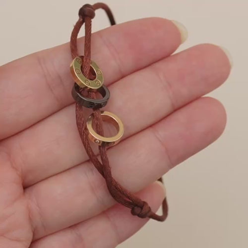 Second Hand Cartier Love 4 Diamond Sèvres Porcelain Brown 18K Yellow & Rose Cord Bracelet