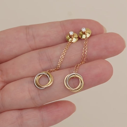 Second Hand Authentic Cartier Trinity Diamond Earrings 18K Yellow Rose and White Gold
