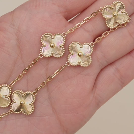 Authentic VCA Vintage Alhambra 5 Motifs Bracelet Guilloché 18K Yellow Gold