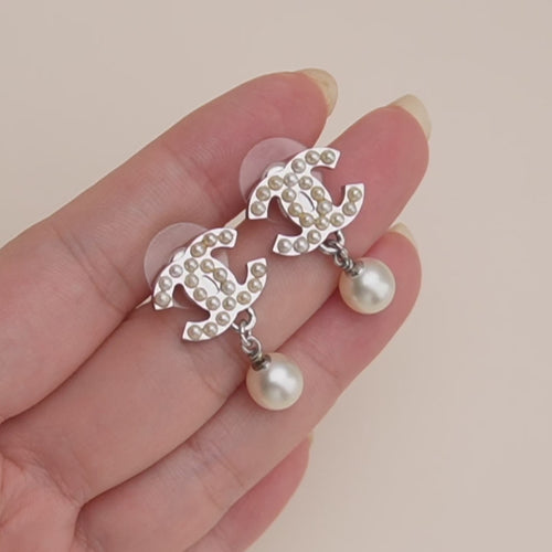 Preloved Chanel CC Logo Faux Pearl Drop Earrings