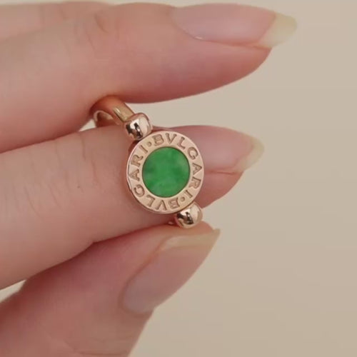 Preowned Bvlgari Flip Ring Jade and Pave Diamond 18K Rose Gold 