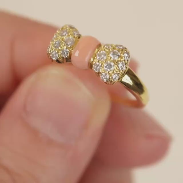 Second Hand Authentic Van Cleef & Arpels Coral Diamond Bow Ring 18K Yellow Gold Size 50