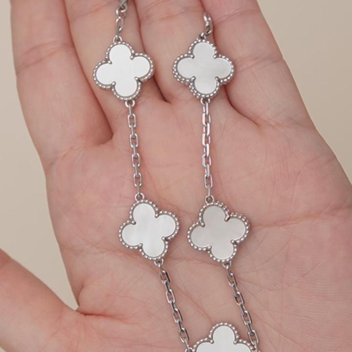 Authentic Van Cleef Vintage Alhambra Bracelet 5 Motif Mother of Pearl 18K White Gold