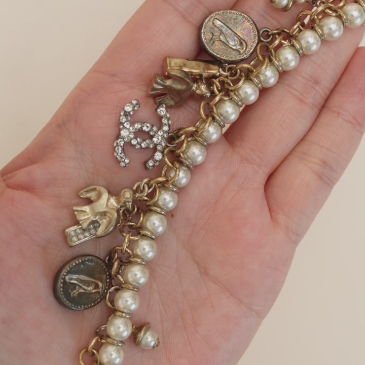 Second Hand Chanel CC Crystal Faux Pearl Charm Bracelet