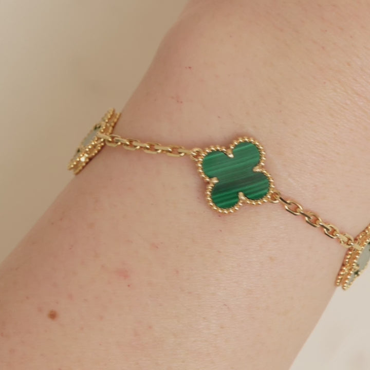 Preloved VCA Vintage Alhambra 5 Motif Malachite 18K Yellow Gold Bracelet