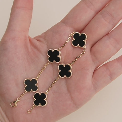 Used VCA Vintage Alhambra 5 Motif Onyx 18K Yellow Gold Bracelet