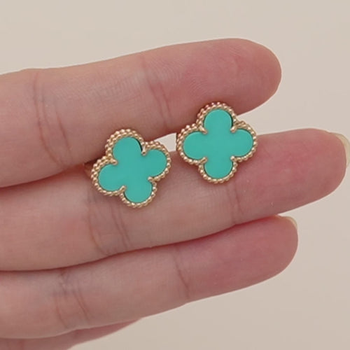 Authentic Preowned Full set Van Cleef & Arpels Vintage Alhambra Turquoise Earrings 18K Yellow Gold