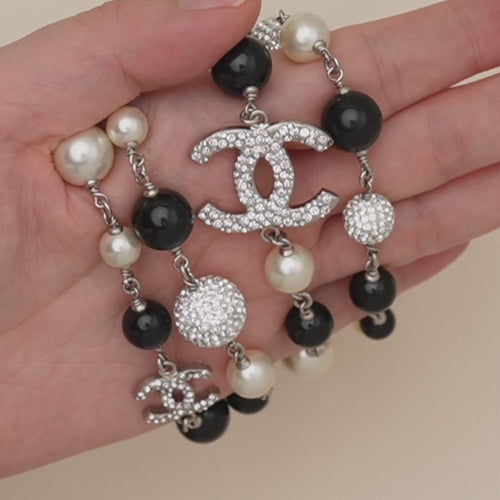 Authentic Chanel CC Faux Pearl and Crystals Sautoir Long Necklace