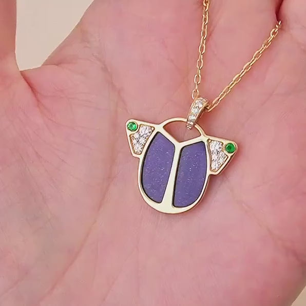 Cartier Limited Edition Diamond Tsavorite Lapis 18K Yellow Gold Scarab Pendant Necklace