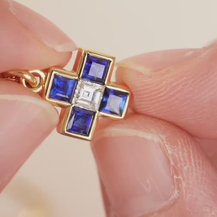 Second Hand Authentic Bvlgari Vintage Sapphire and Diamond Greek Cross Pendant 18K Yellow Gold