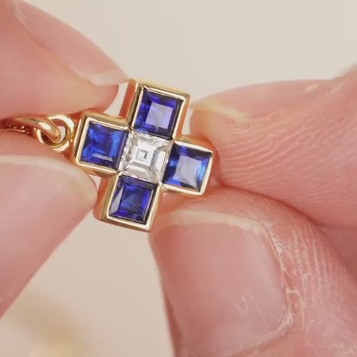 Second Hand Authentic Bvlgari Vintage Sapphire and Diamond Greek Cross Pendant 18K Yellow Gold