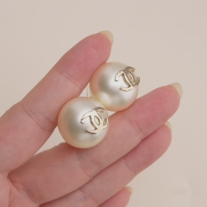 Used Chanel CC Gold-Tone Faux Pearl Stud Earrings