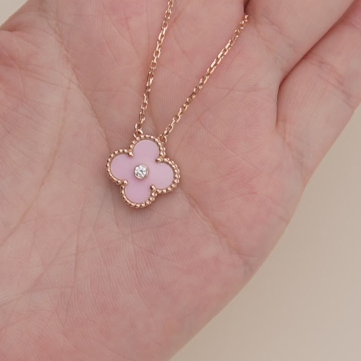 Preloved Van Cleef & Arpels Vintage Alhambra Diamond Pink Sèvres Porcelain 2015 Holiday Pendant Necklace