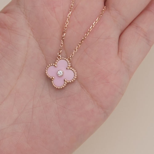 Preloved Van Cleef & Arpels Vintage Alhambra Diamond Pink Sèvres Porcelain 2015 Holiday Pendant Necklace
