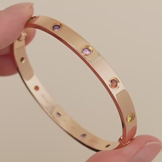 Second Hand Authentic Cartier Love Bracelet 10 Multi Gem 18K Rose Gold Size 17