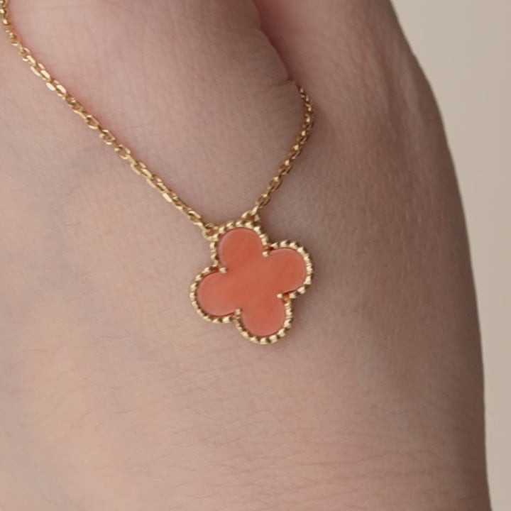 Authentic Van Cleef & Arpels Vintage Alhambra Coral Pendant Necklace 18K Yellow Gold