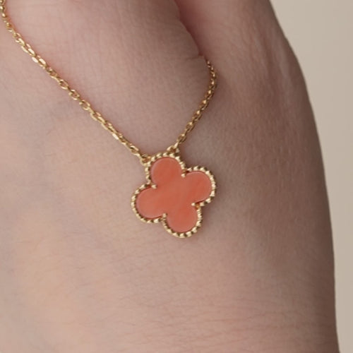 Authentic Van Cleef & Arpels Vintage Alhambra Coral Pendant Necklace 18K Yellow Gold