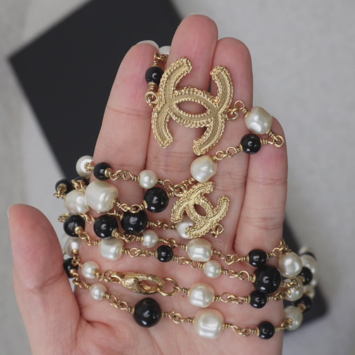 Chanel CC Black And Cream Pearl Gold Tone Long Necklace