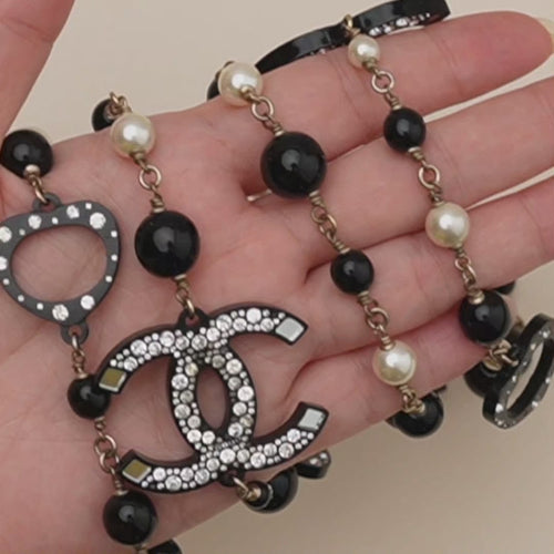 Second Hand Authentic Chanel CC Faux Pearl & Crystal Black Bead Sautoir Necklace
