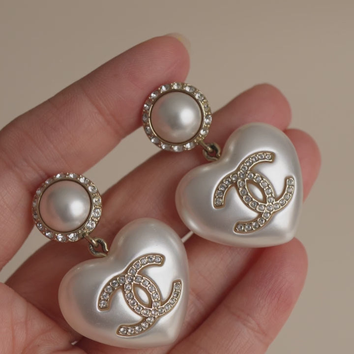 Chanel CC Heart Faux Pearl Drop Earrings