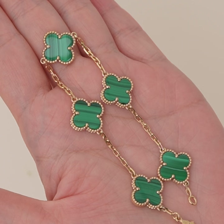 Second Hand Authentic Van Cleef & Arpels Vintage Alhambra 5 Motif Malachite Bracelet 18K Yellow Gold