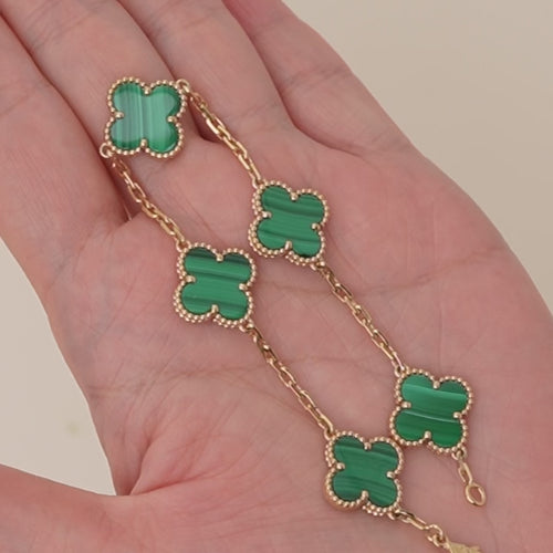 Second Hand Authentic Van Cleef & Arpels Vintage Alhambra 5 Motif Malachite Bracelet 18K Yellow Gold