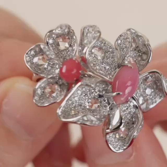 Natural Conch Pearl Diamond Flower Ring in 18K White Gold