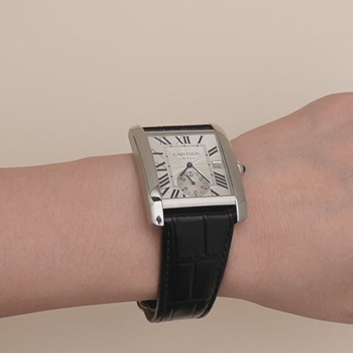 Second Hand Authentic Full set Cartier Tank MC Stainless Steel Men's Silver Dial Calf Skin Leather Strap Watch W5330003