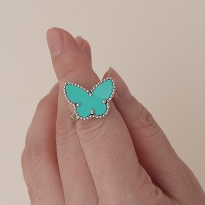 Full set Authentic Second Hand Van Cleef Lucky Alhambra Turquoise Butterfly Ring Size 51