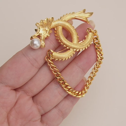 Preloved Chanel Limited-Edition Gold Plated Faux Pearl Dragon Year Brooch