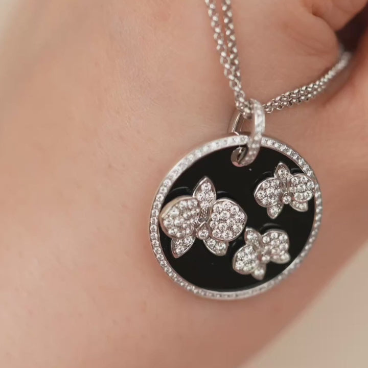 Preloved Cartier Caresse D'Orchidees Par Cartier Diamond 18K White Gold Black Onyx Round Pendant Necklace