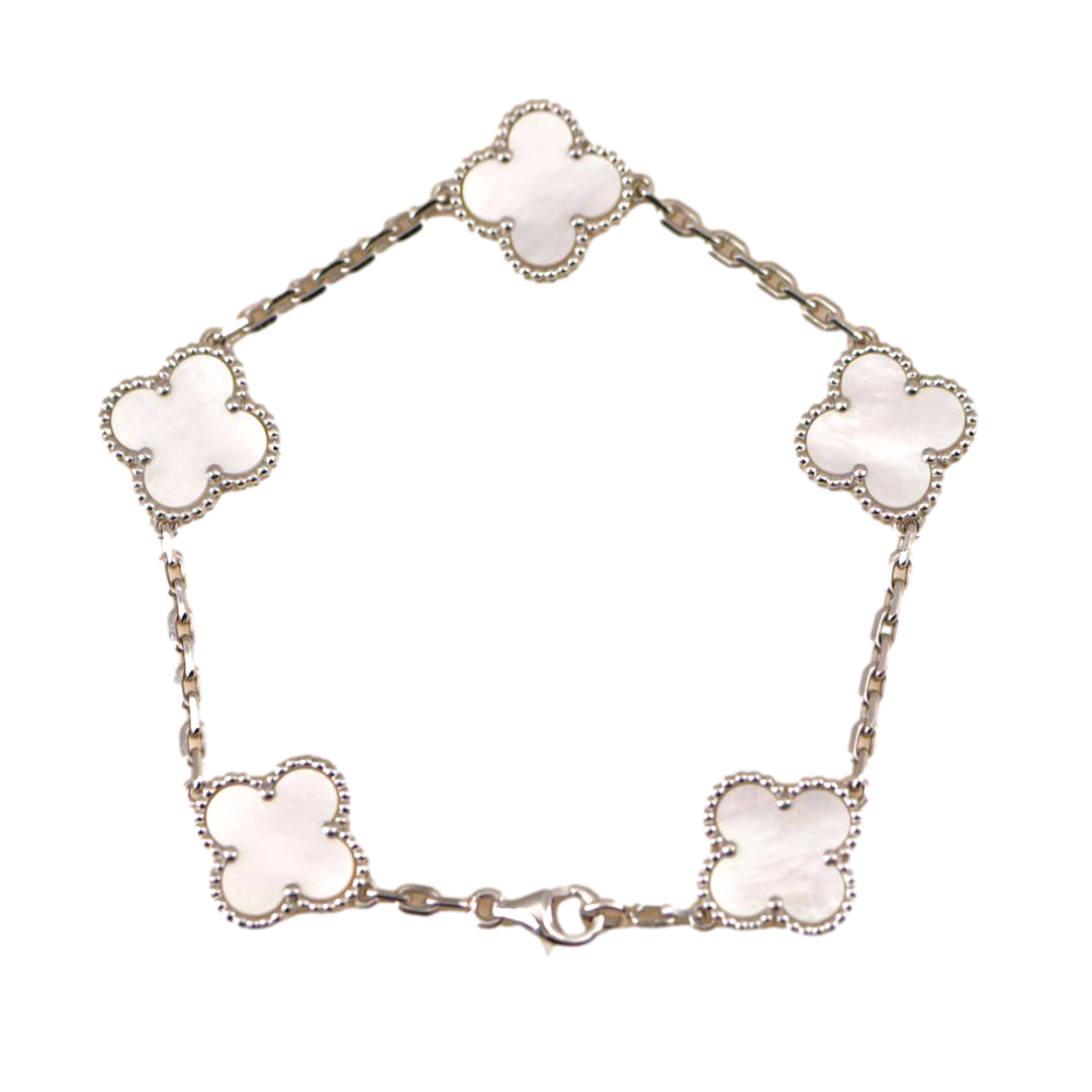 Van Cleef & Arpels 5 Motif Vintage Alhambra Mother of Pearl White Gold Bracelet